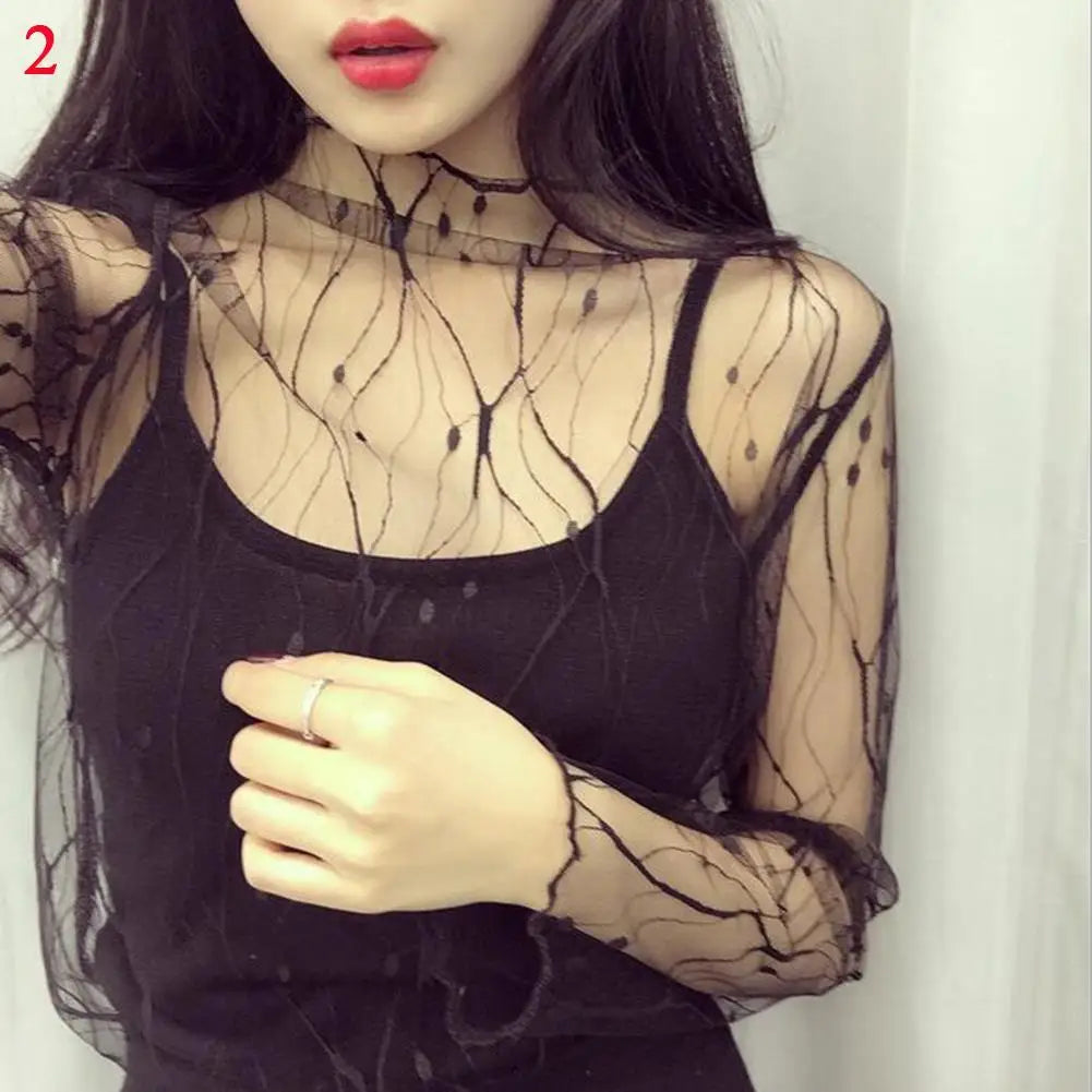 Fashion See Through Lace Top Transparent Blouse For Women Slim Fit Shirt With Long Sleeve Black Mesh T-shirt Fishnet Sheer Tops