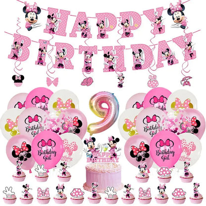 Minnie Mouse Birthday Party Decorations Tableware Set Birthday Decorations Full Set Pink Balloons Banner Candy Box Kids Favors