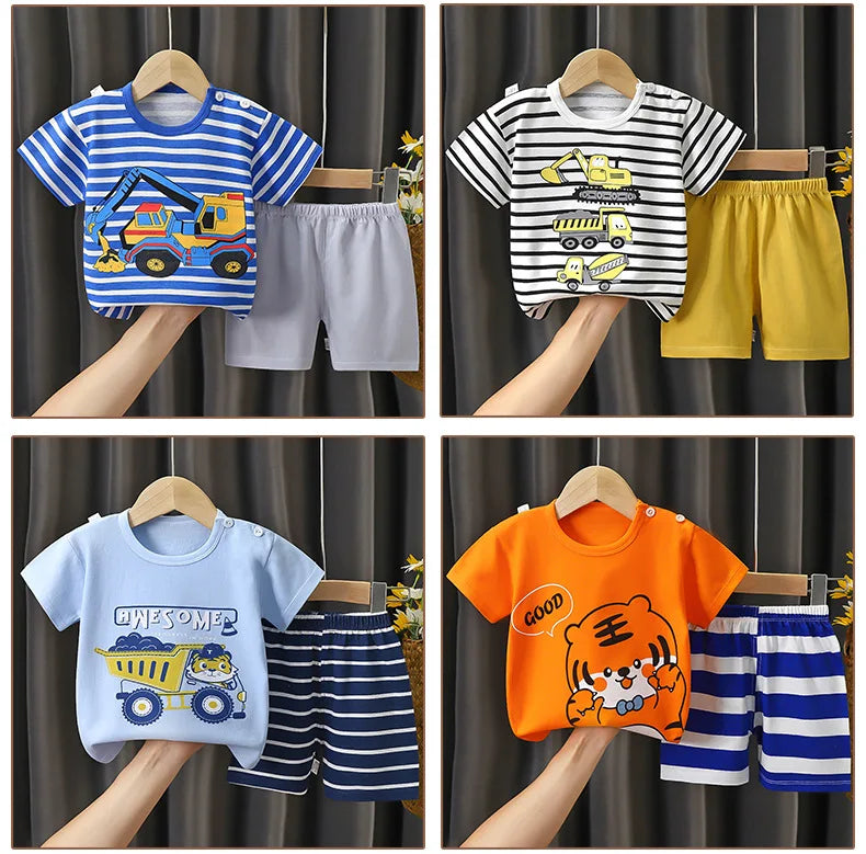 2025 New Kids Boys Girls Summer Pajamas Cute Cartoon Print Short Sleeve T-Shirt Tops with Shorts Toddler Baby Clothing Sets