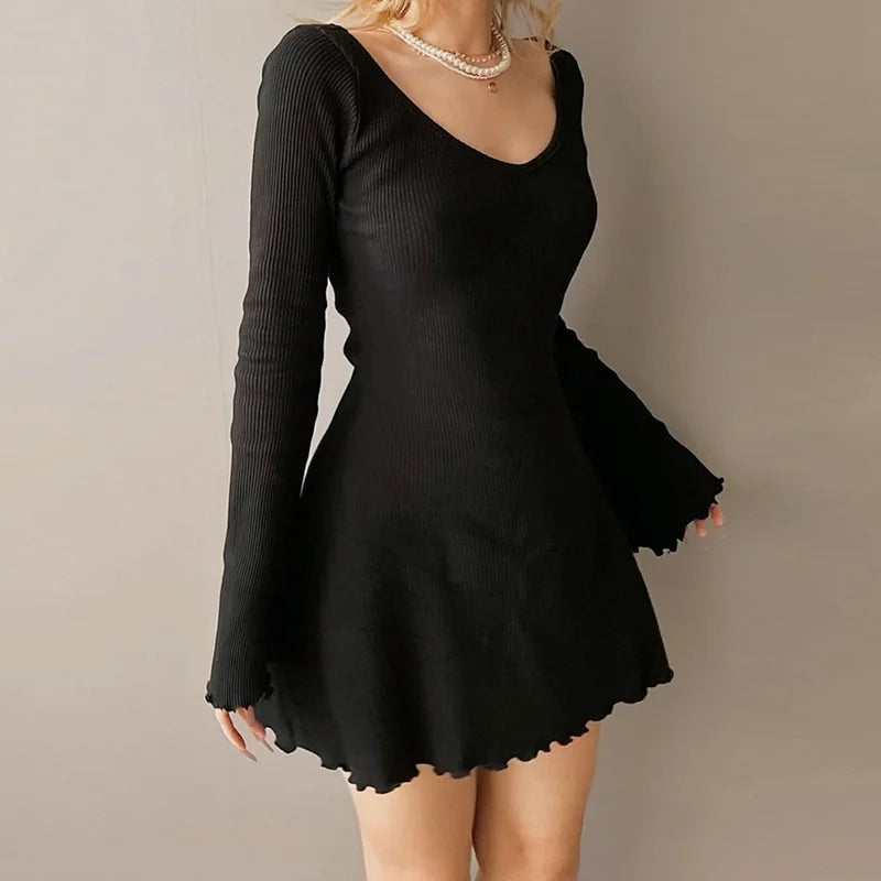 Fashion Women Summer Slim A-Line Dress Solid Color Ribbed Long Sleeve V-Neck Slim Fit Mini Dress for Party Beachwear Y2k