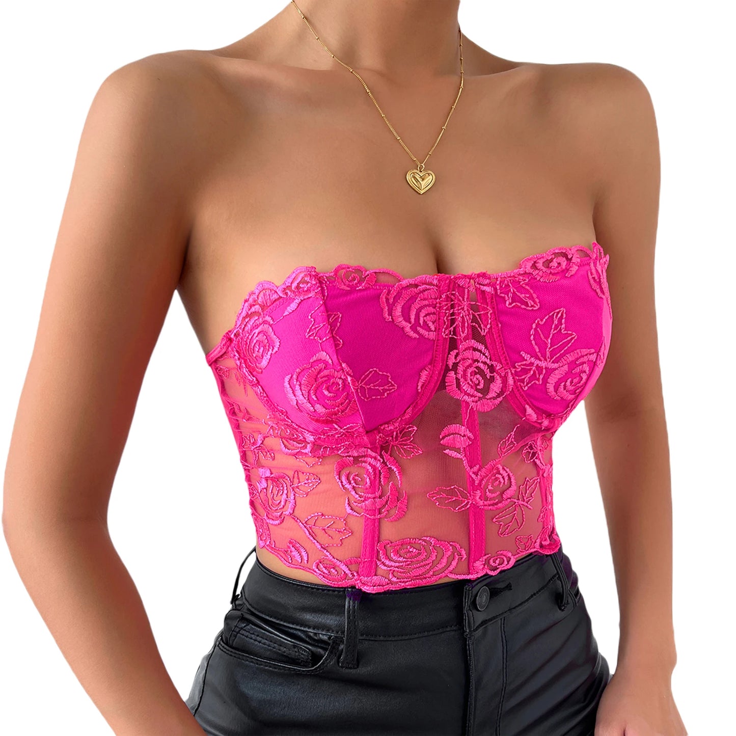 Newest Arrival Women Bustier Tube Tops Embroidery Flower See Through Off Shoulder Tank Tops for Daily Club Party