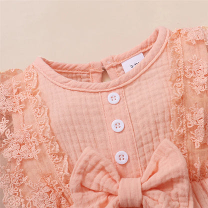 0-18 Months Old Newborn Solid Color Sleeveless Round Neck Lace Edge Bow Romper+Headband Baby Girl Summer New Casual Jumpsuit