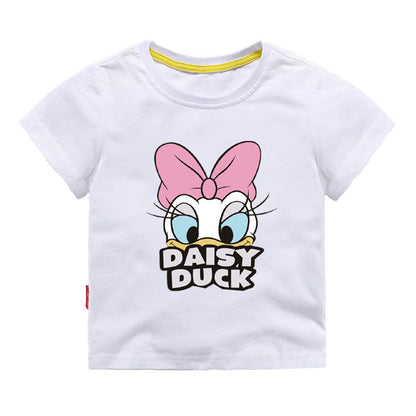 2024 Disney Girls Outfits Cartoon Donald Duck Sets Printed Summer Shirt Broken Hole Denim Shorts Girl Clothing Set girls Clothes