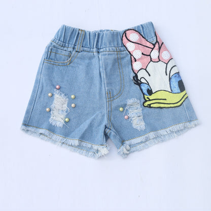 2024 Disney Girls Outfits Cartoon Donald Duck Sets Printed Summer Shirt Broken Hole Denim Shorts Girl Clothing Set girls Clothes