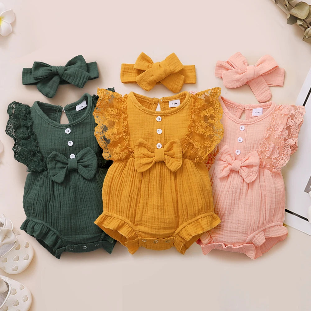 0-18 Months Old Newborn Solid Color Sleeveless Round Neck Lace Edge Bow Romper+Headband Baby Girl Summer New Casual Jumpsuit