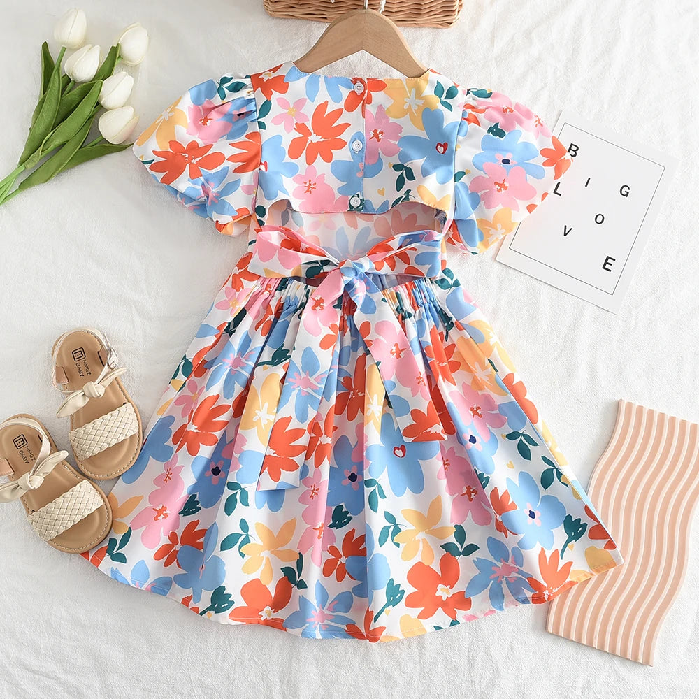 Girls Dresses 2023 Summer New Baby Girls Colourful Floral Short-sleeved Dresses 3-7 Years Old Girls Clothing