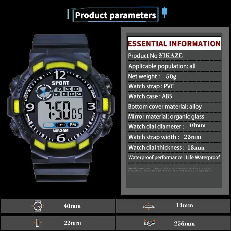 YIKAZE Men's Military Digital Watch Outdoor Men Sports Watch Waterproof Luminous Chronograph Clock Student Electronic Wristwatch