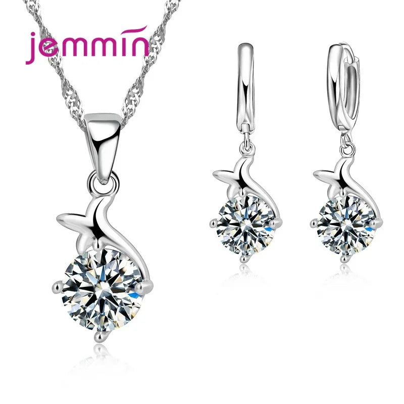 925 Sterling Silver Trendy Crystal Pendant Necklace Earrings Jewelry Set For Women Girls Wedding Engagement Fashion Jewelry