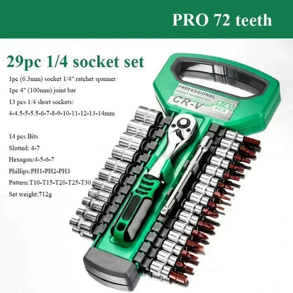 72 Tooth 12/29/21 Piece Ratchet Wrench Socket Set 1/4 "-3/8"Metric Set Automotive Maintenance and Household Tools Set