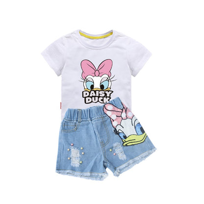 2024 Disney Girls Outfits Cartoon Donald Duck Sets Printed Summer Shirt Broken Hole Denim Shorts Girl Clothing Set girls Clothes