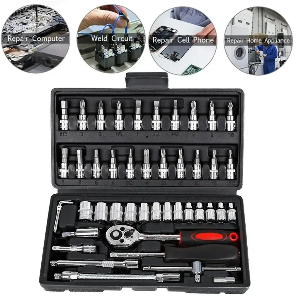 46Pcs Car DIY Repair Tool Kit 1/4-Inch Socket Sets Car Repair Tool Ratchet Torque Wrench Combo Auto Repairing Sets Mechanic Tool