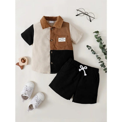 2PCS Clothes Outfit Kids Boy Fashion Color Block Short Sleeve Top+Shorts Summer Gentleman Clothes Set for Children Boy 1-6 Years