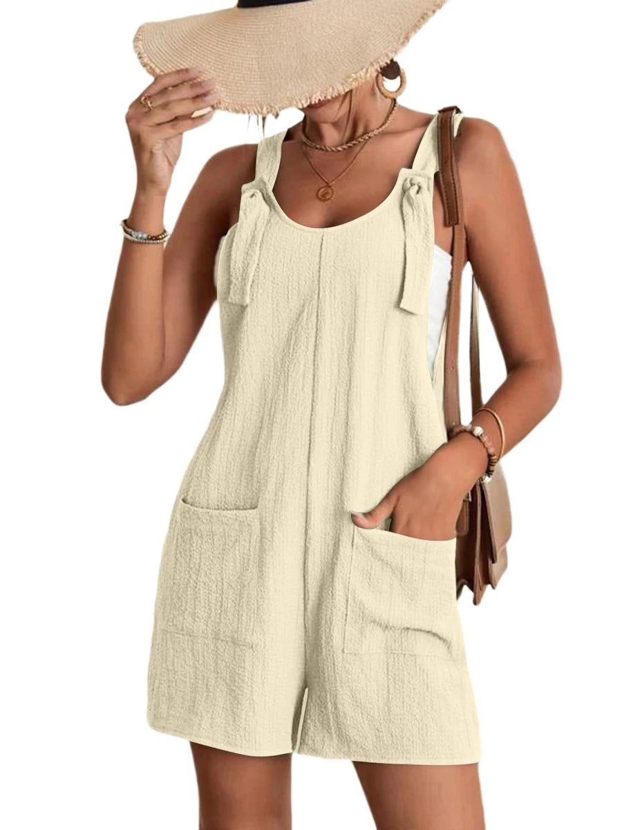 2025 Summer Women's Jumpsuit Overalls Short Loose Sleeveless Wide Leg Overall Solid Casual Romper with Pockets