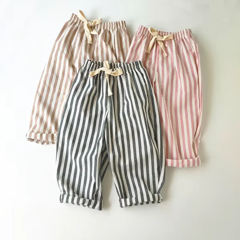 Retro Hemp Cotton Striped Boys' Pants with A Casual and High-end Design Elastic Waist Girls' Clothing Children's Pants