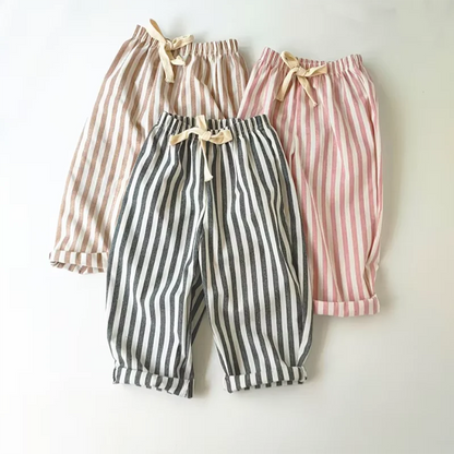 Retro Hemp Cotton Striped Boys' Pants with A Casual and High-end Design Elastic Waist Girls' Clothing Children's Pants