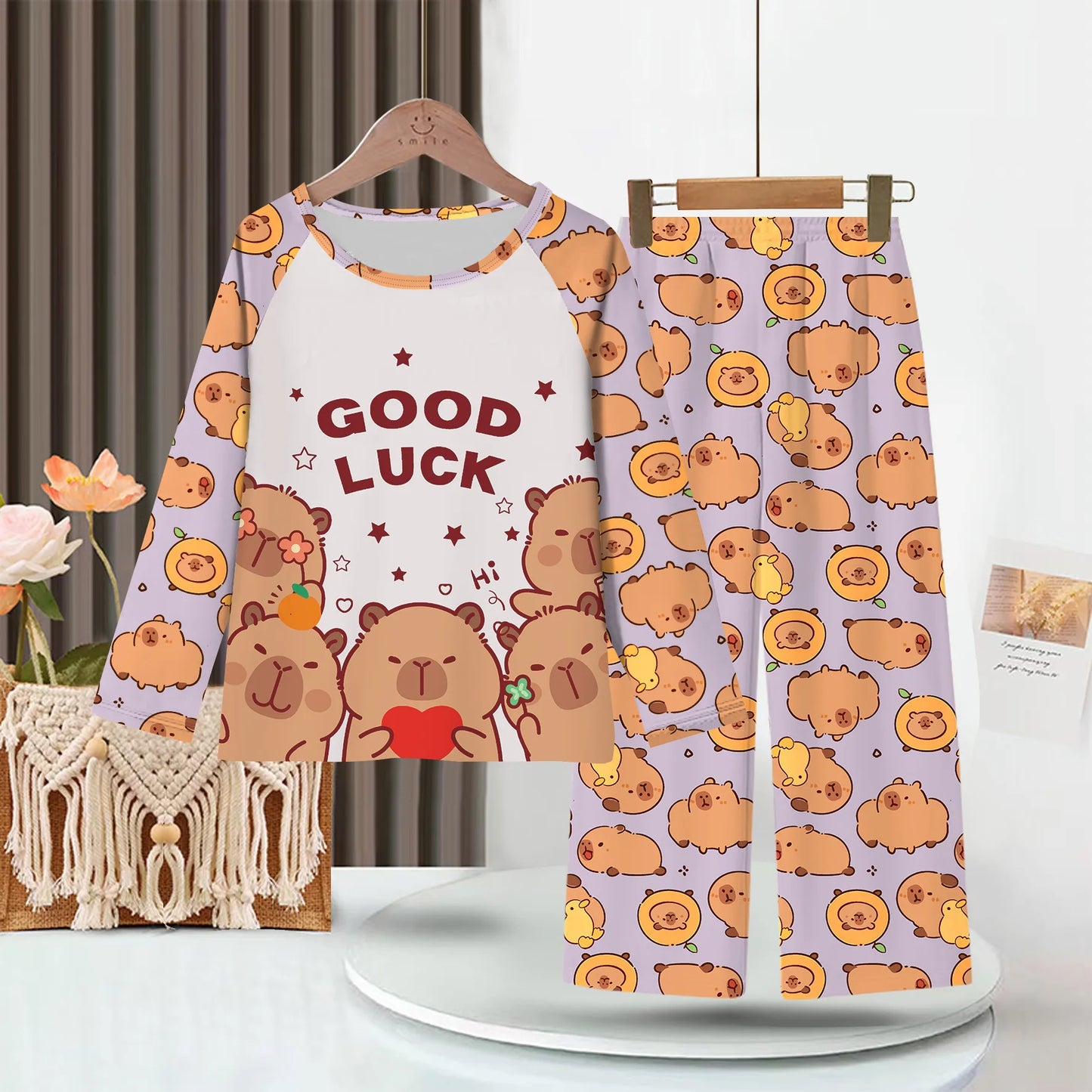 Capibara Pajamas Pants Set Kids Anime Capybara Nightgown Trousers Girls Boys Spring Autumn Home Clothes Children Long Sleeves