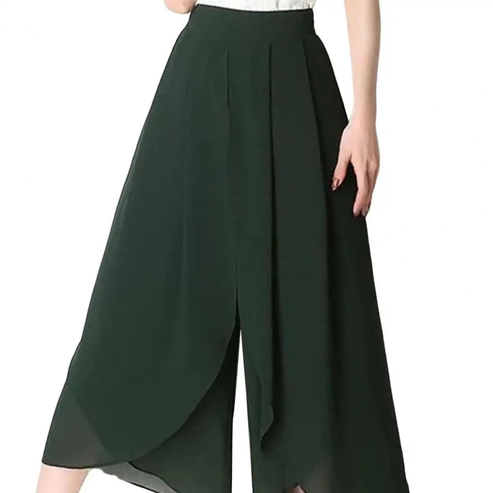 Double-layer Women Skirt Pants See-through Chiffon Split Hem High Waist Yoga Pants Loose Wide Leg Mid-calf Length Cropped Pants