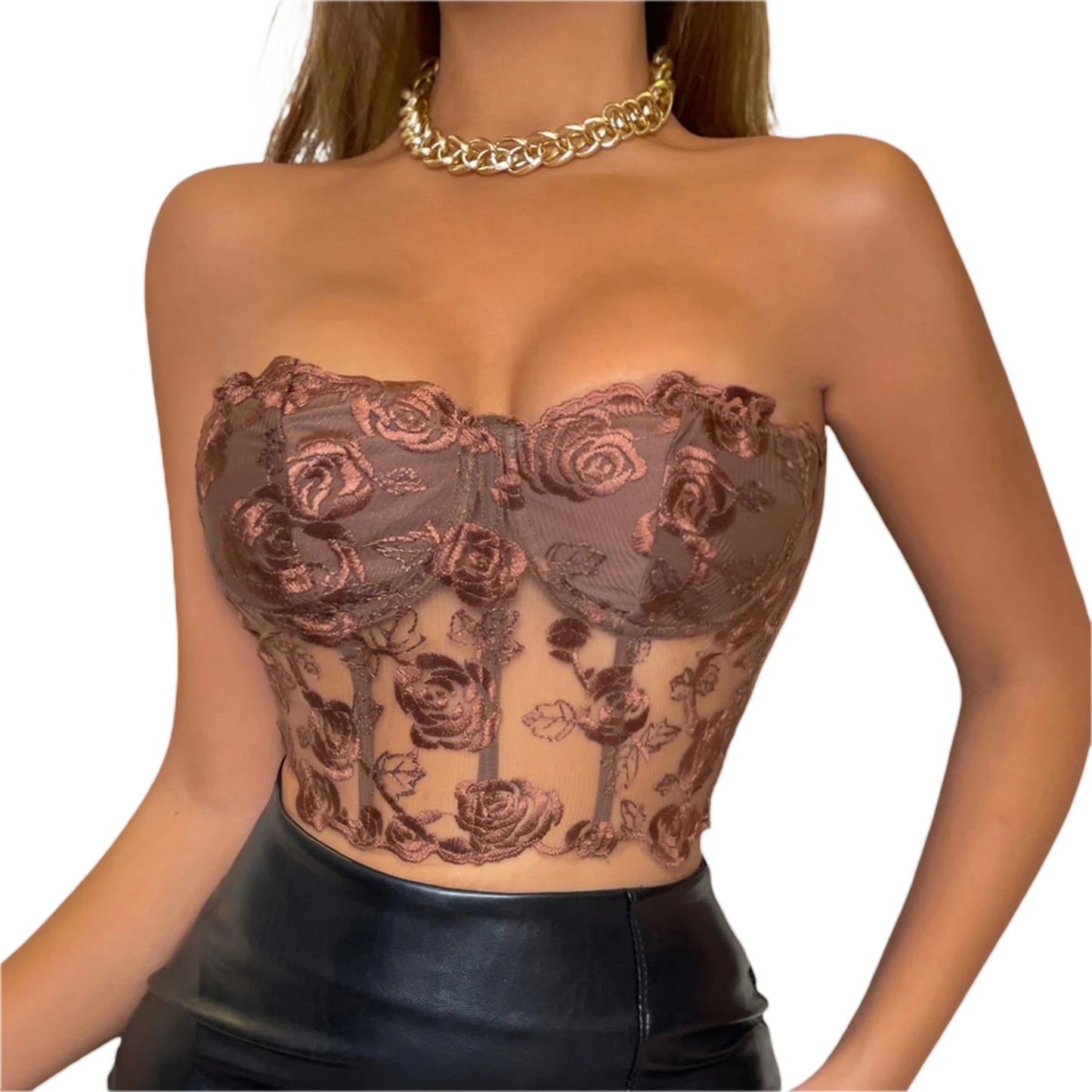 Newest Arrival Women Bustier Tube Tops Embroidery Flower See Through Off Shoulder Tank Tops for Daily Club Party