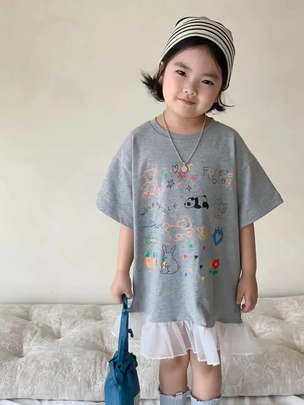 2024 Summer New Girls Short Sleeve Casual Dress Cute Flower Print Children Long T Shirts Loose Kids Princess Dress Girls Clothes