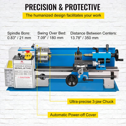 VEVOR Metal Lathe 7x14 / 7x12 inch Precision Bench Top 550W Variable Speed 50-2500 / 0- 2250 RPM Nylon Gear with A Movable Lamp