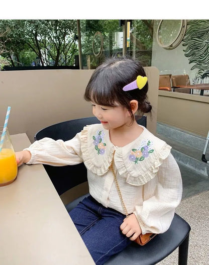 Baby girl doll collar shirt Spring and Autumn new children's Korean version long sleeved embroidered white shirt little girl top