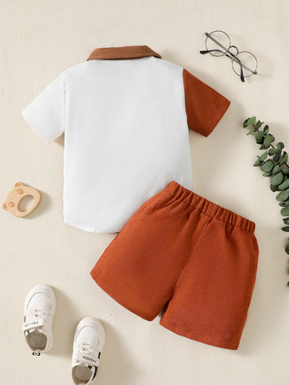 2PCS Clothes Outfit Kids Boy Fashion Color Block Short Sleeve Top+Shorts Summer Gentleman Clothes Set for Children Boy 1-6 Years