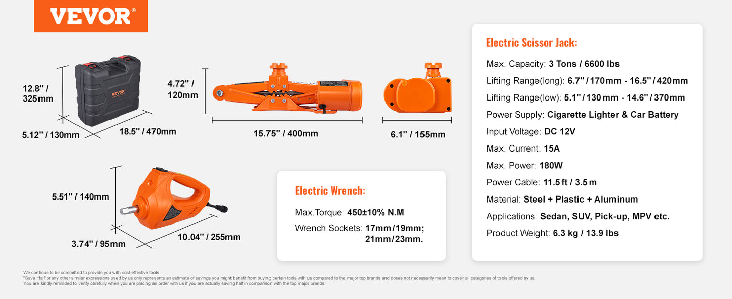 VEVOR Electric Car Jack 3 Tons/6600 lbs 12V Electric Scissor Jack Portable Car Jack for SUV Truck Sedan Tire Change Replacement