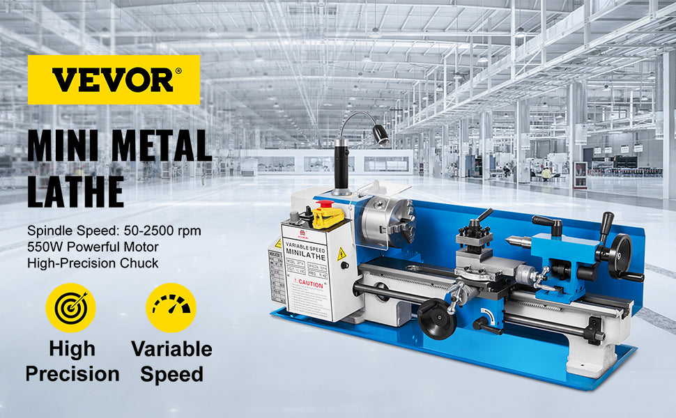 VEVOR Metal Lathe 7x14 / 7x12 inch Precision Bench Top 550W Variable Speed 50-2500 / 0- 2250 RPM Nylon Gear with A Movable Lamp